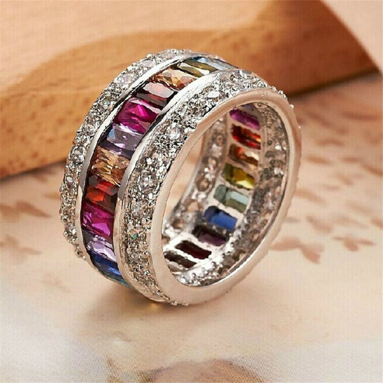 SILVER RAINBOW GEMSTONE WIDE BAND RING