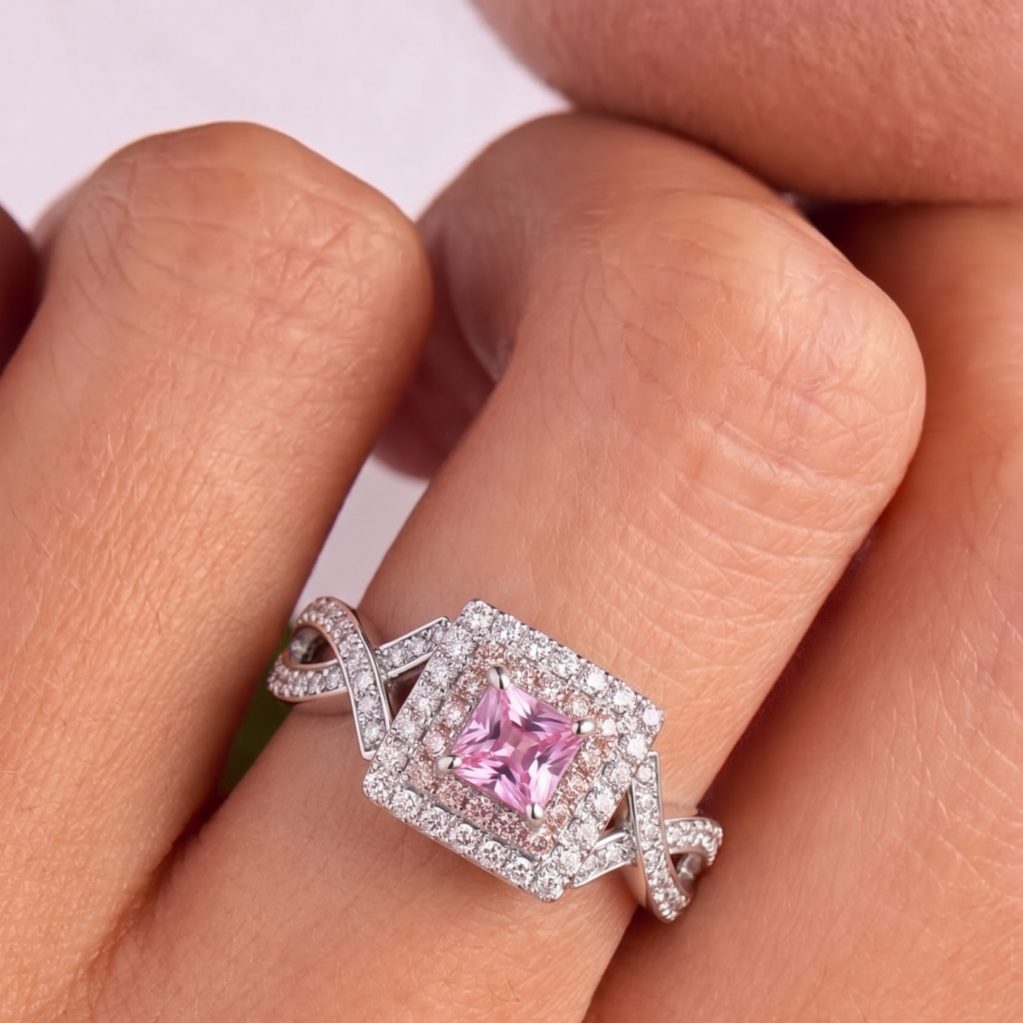SILVER PINK DIAMOND CROSSOVER VINTAGE RING