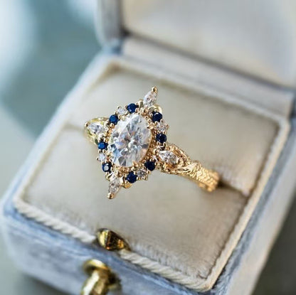 GOLD SAPPHIRE DIAMOND FLORAL HALO RING