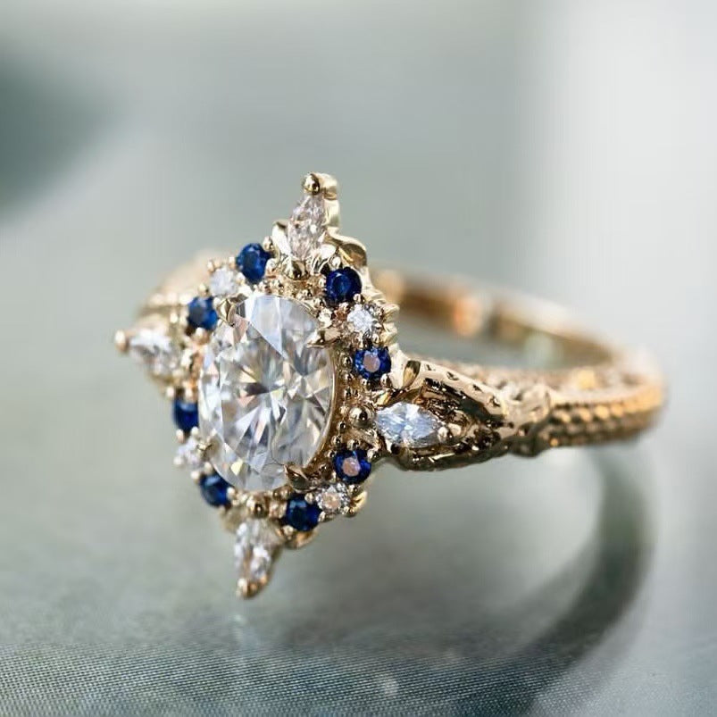 GOLD SAPPHIRE DIAMOND FLORAL HALO RING