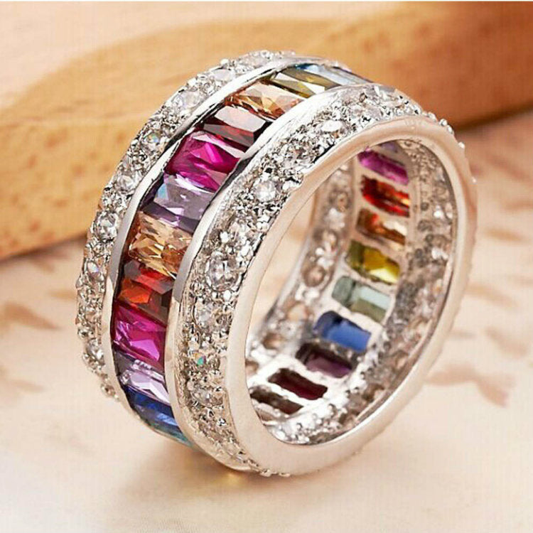 SILVER RAINBOW GEMSTONE WIDE BAND RING