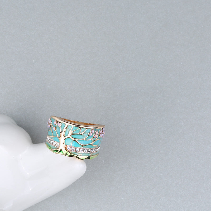 GOLD OPAL ENAMEL TREE OF LIFE WIDE RING