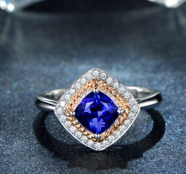 SILVER ROSE GOLD SAPPHIRE CUSHION HALO RING
