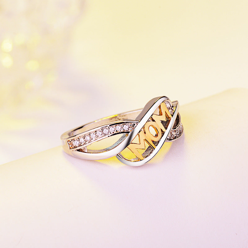 SILVER GOLD TWO TONE "MOM" DIAMOND RING
