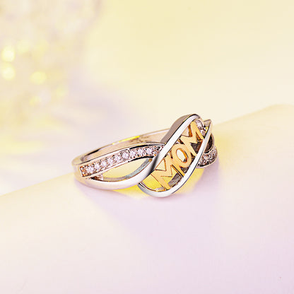 SILVER GOLD TWO TONE "MOM" DIAMOND RING