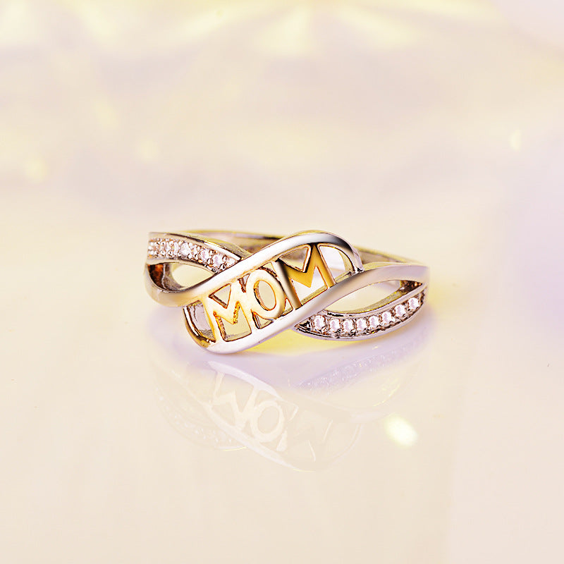 SILVER GOLD TWO TONE "MOM" DIAMOND RING