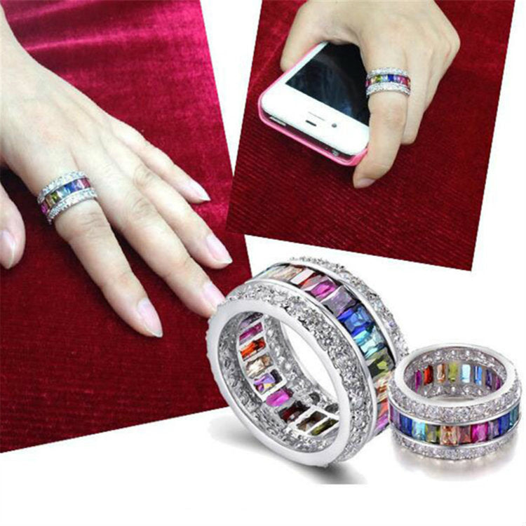 SILVER RAINBOW GEMSTONE WIDE BAND RING