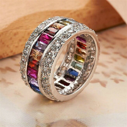 SILVER RAINBOW GEMSTONE WIDE BAND RING