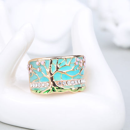 GOLD OPAL ENAMEL TREE OF LIFE WIDE RING