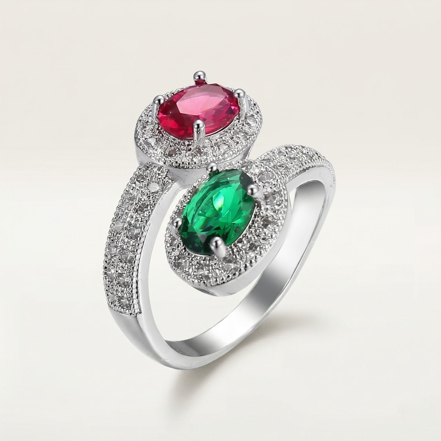 SILVER DOUBLE GEMSTONE ORNATE VINTAGE RING