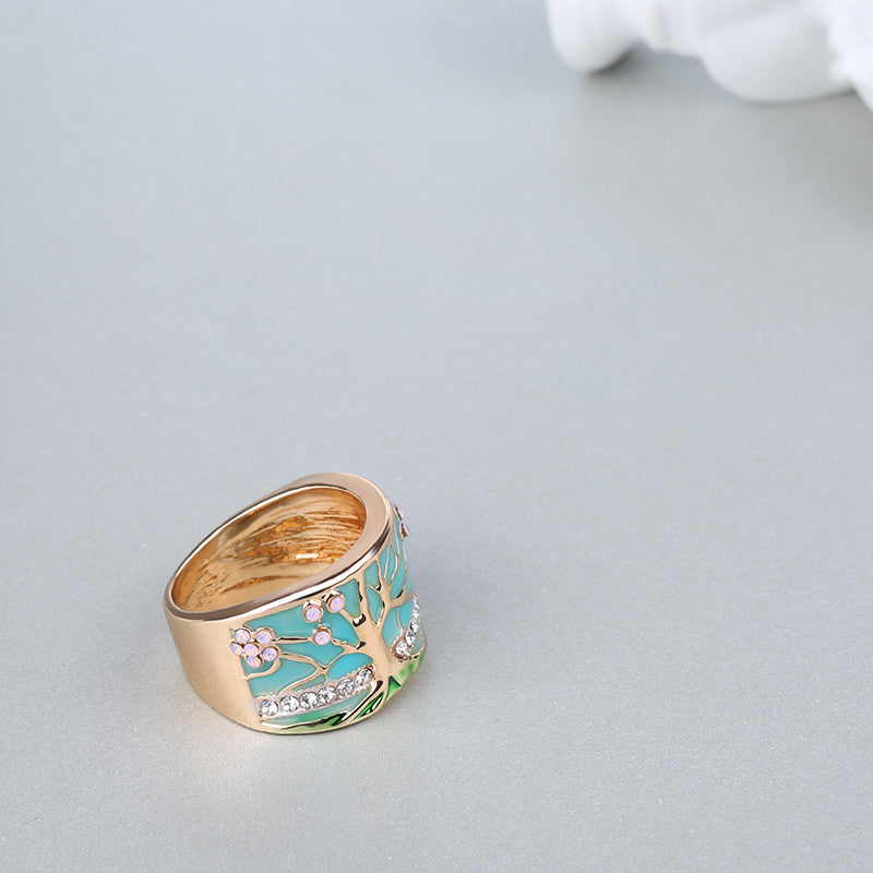 GOLD OPAL ENAMEL TREE OF LIFE WIDE RING