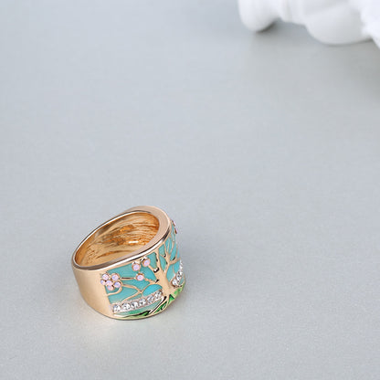 GOLD OPAL ENAMEL TREE OF LIFE WIDE RING