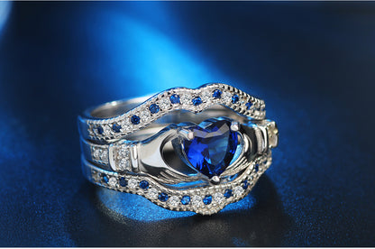 SILVER SAPPHIRE HEART CLADDAGH VINTAGE RING