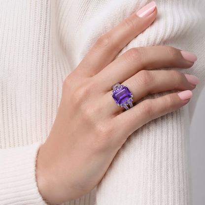 SILVER AMETHYST EMERALD CUT VINTAGE RING