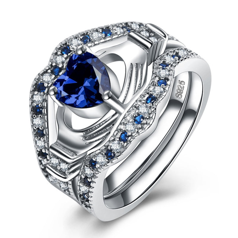 SILVER SAPPHIRE HEART CLADDAGH VINTAGE RING
