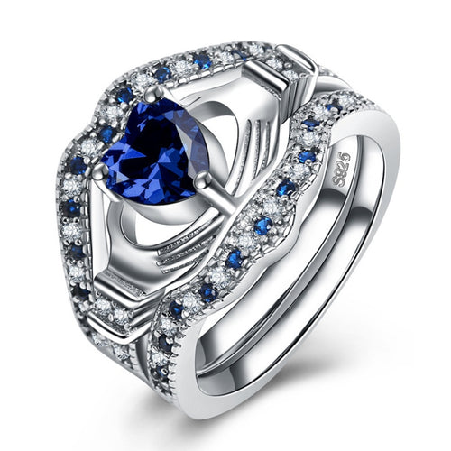 SILVER SAPPHIRE HEART CLADDAGH VINTAGE RING