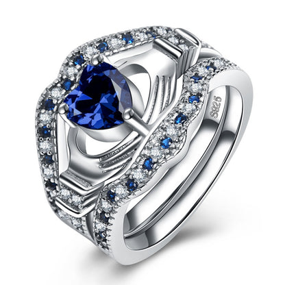 SILVER SAPPHIRE HEART CLADDAGH VINTAGE RING