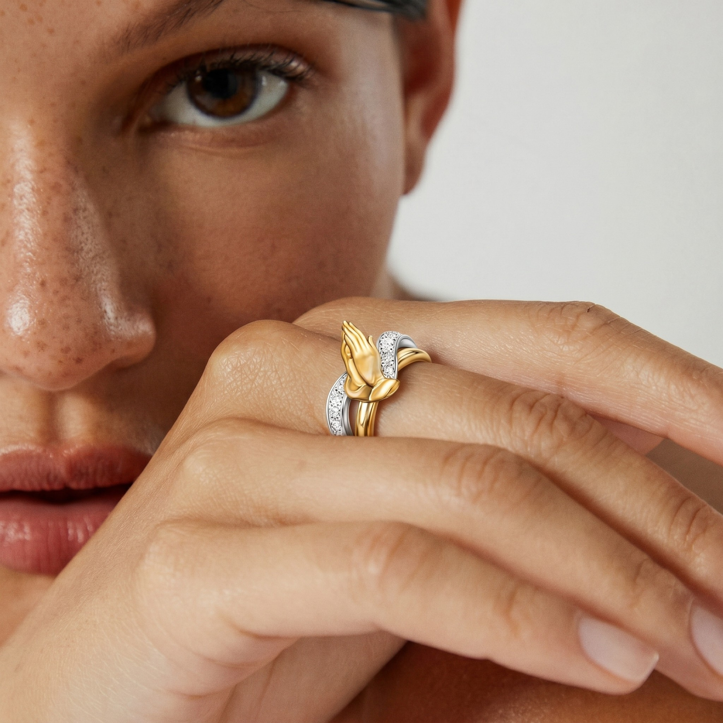 GOLD SILVER TWO TONE PRAYER HANDS RING