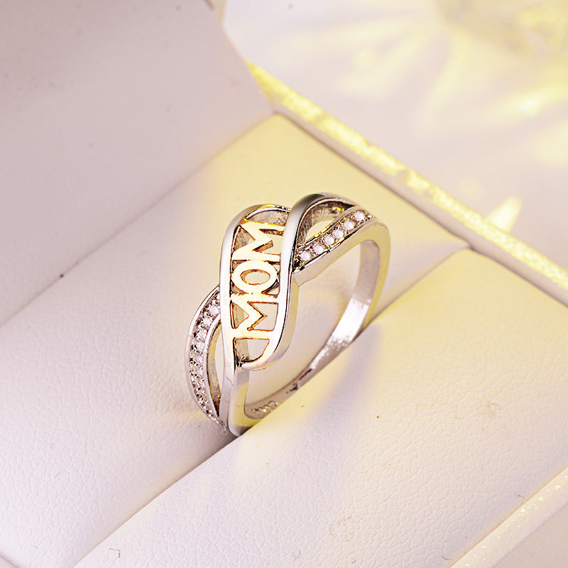 SILVER GOLD TWO TONE "MOM" DIAMOND RING