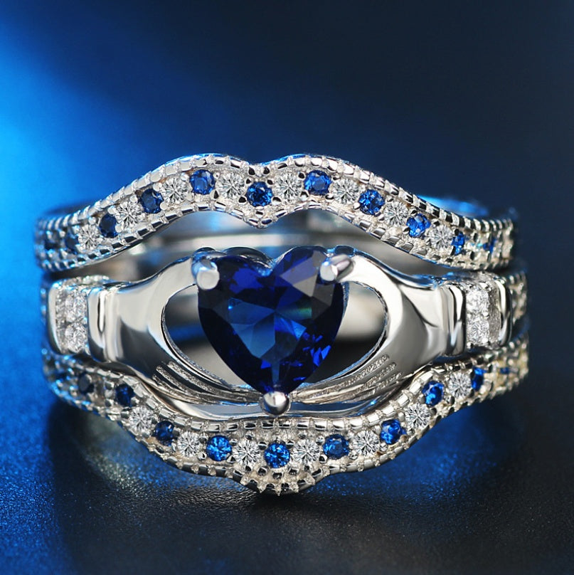 SILVER SAPPHIRE HEART CLADDAGH VINTAGE RING