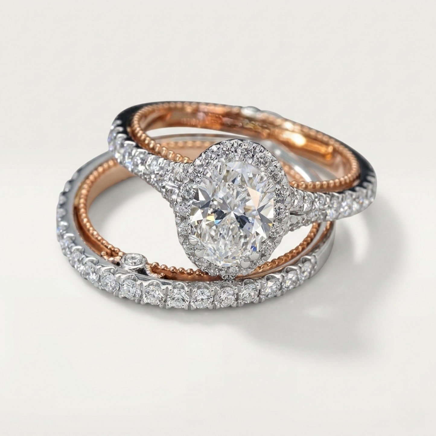 SILVER ROSE GOLD TWO TONE OVAL DIAMOND RING SET