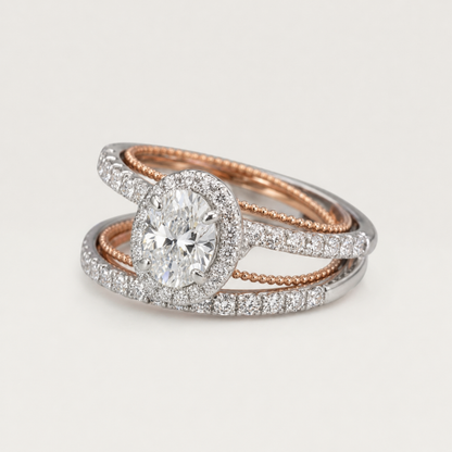 SILVER ROSE GOLD TWO TONE OVAL DIAMOND RING SET