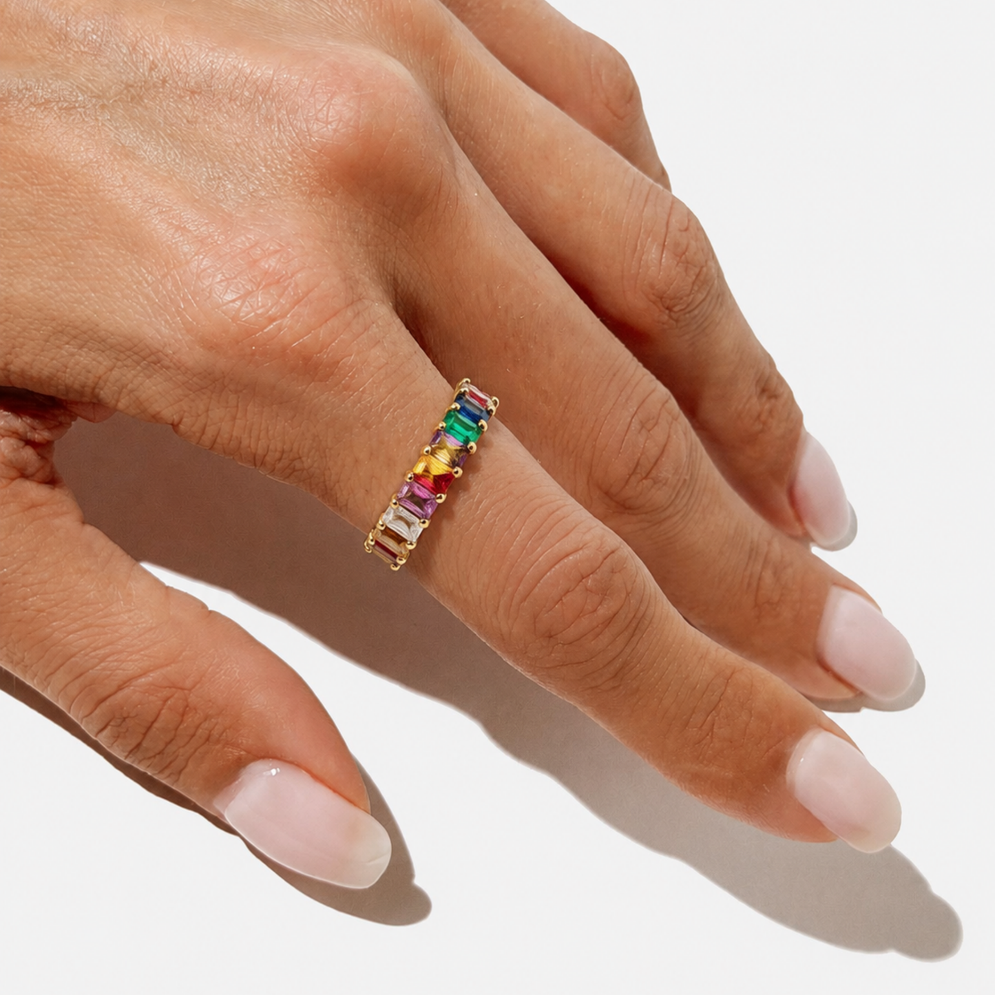 GOLD RAINBOW GEMSTONE ETERNITY BAND RING