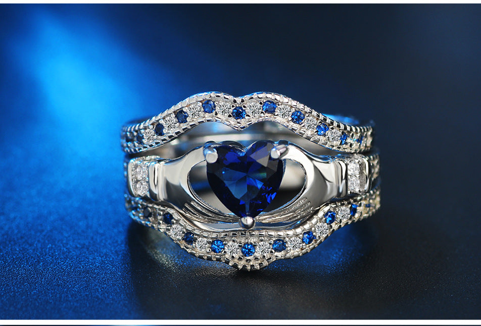 SILVER SAPPHIRE HEART CLADDAGH VINTAGE RING