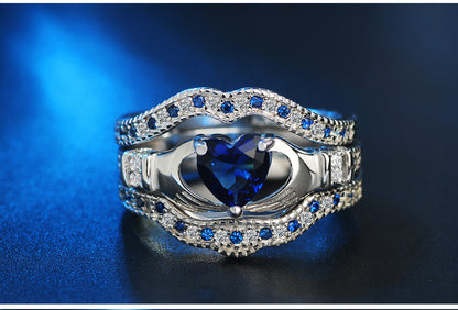 SILVER SAPPHIRE HEART CLADDAGH VINTAGE RING