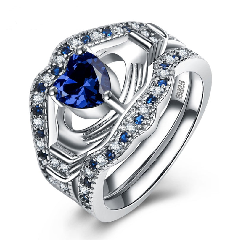 SILVER SAPPHIRE HEART CLADDAGH VINTAGE RING