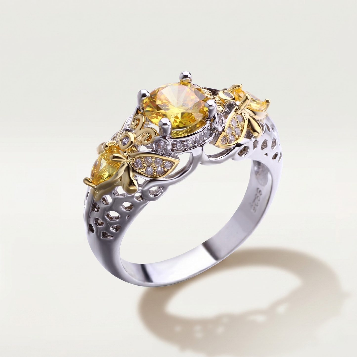 SILVER GOLD CITRINE FLORAL VINTAGE RING