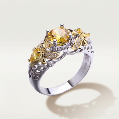 SILVER GOLD CITRINE FLORAL VINTAGE RING