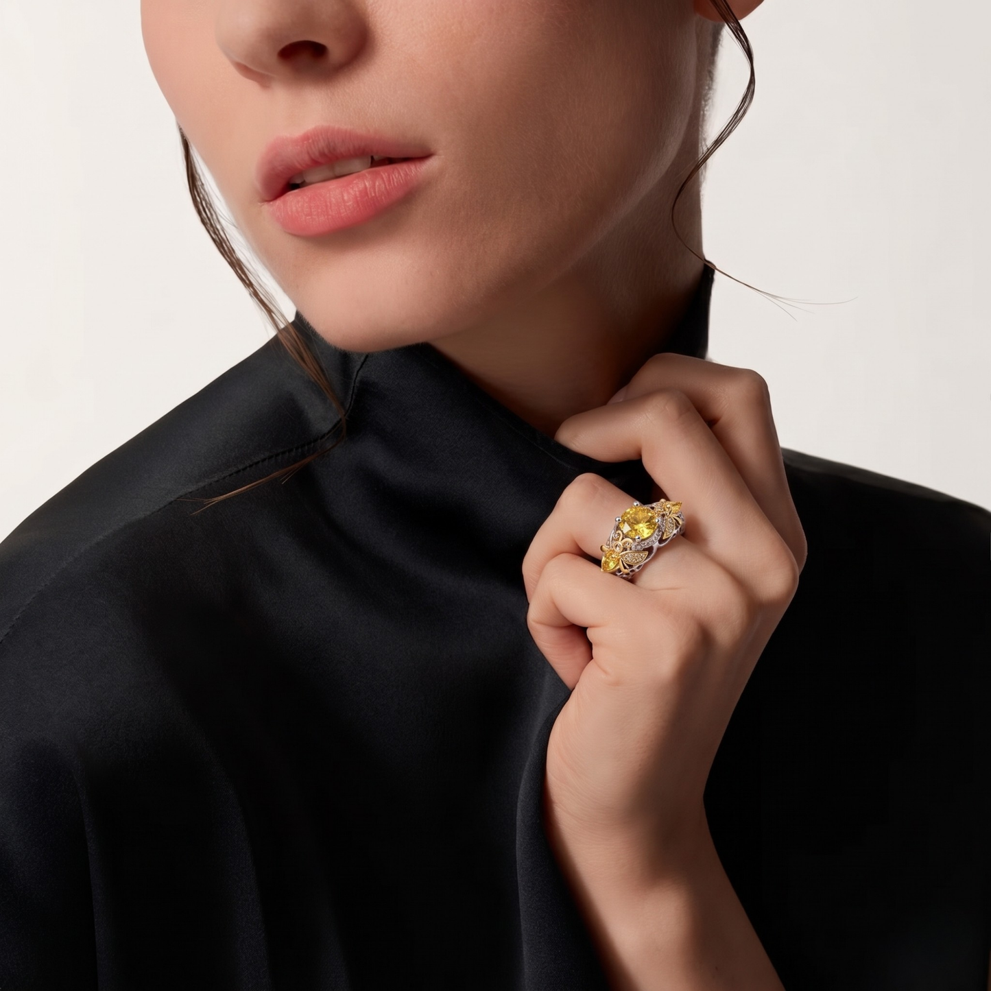 SILVER GOLD CITRINE FLORAL VINTAGE RING