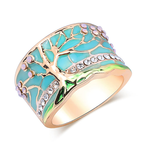 GOLD OPAL ENAMEL TREE OF LIFE WIDE RING