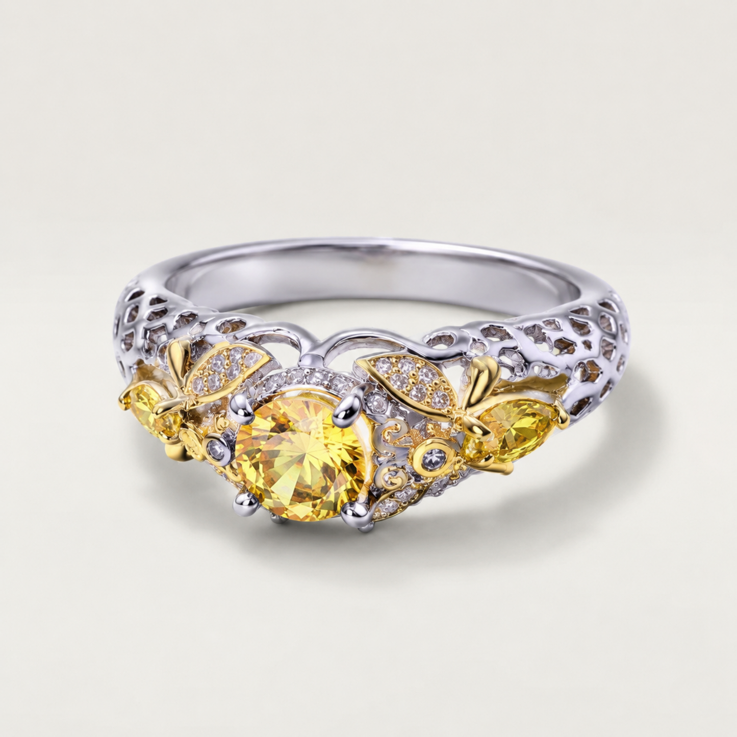 SILVER GOLD CITRINE FLORAL VINTAGE RING