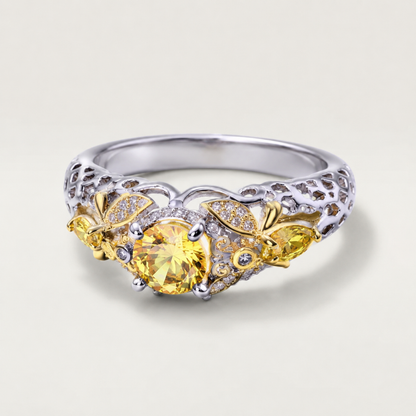 SILVER GOLD CITRINE FLORAL VINTAGE RING