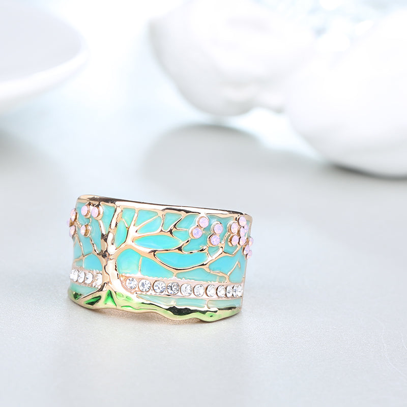 GOLD OPAL ENAMEL TREE OF LIFE WIDE RING