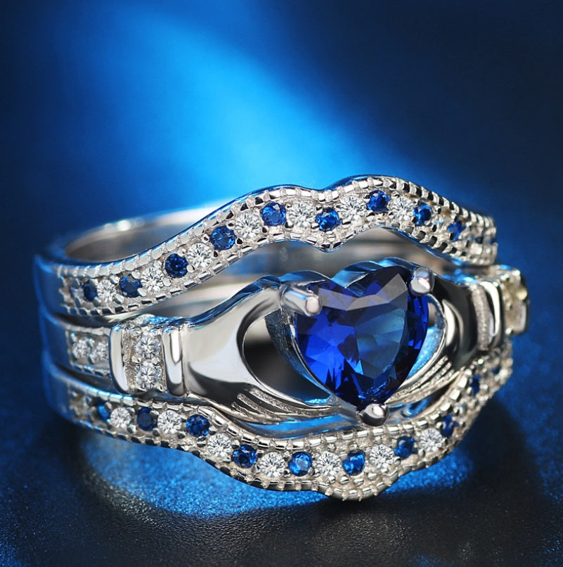 SILVER SAPPHIRE HEART CLADDAGH VINTAGE RING