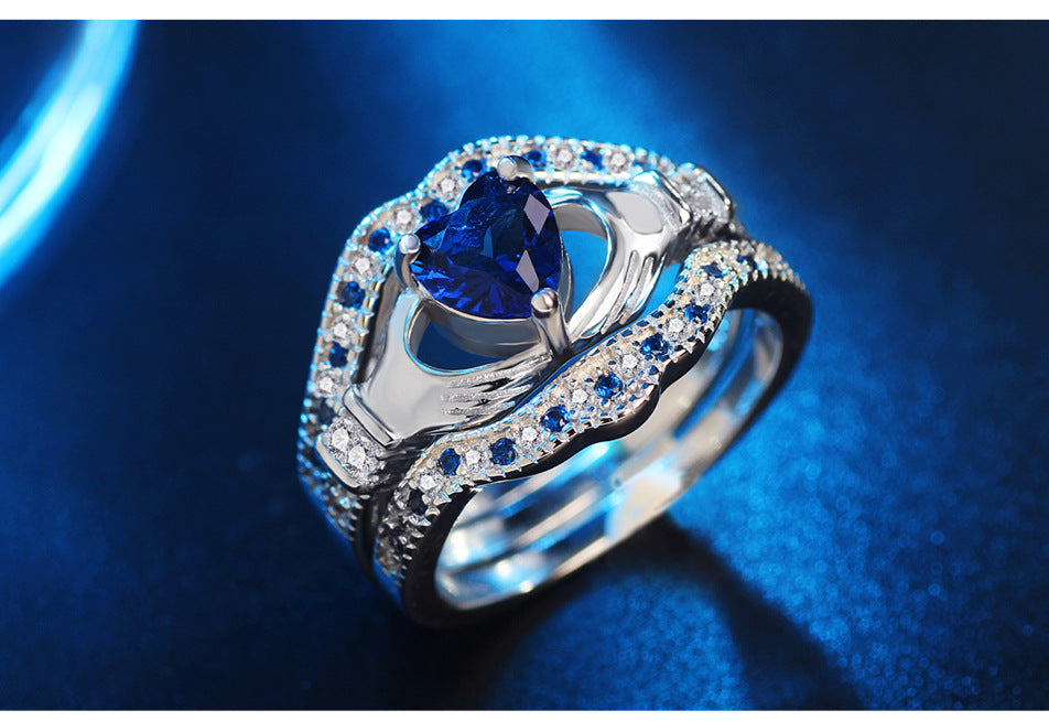 SILVER SAPPHIRE HEART CLADDAGH VINTAGE RING