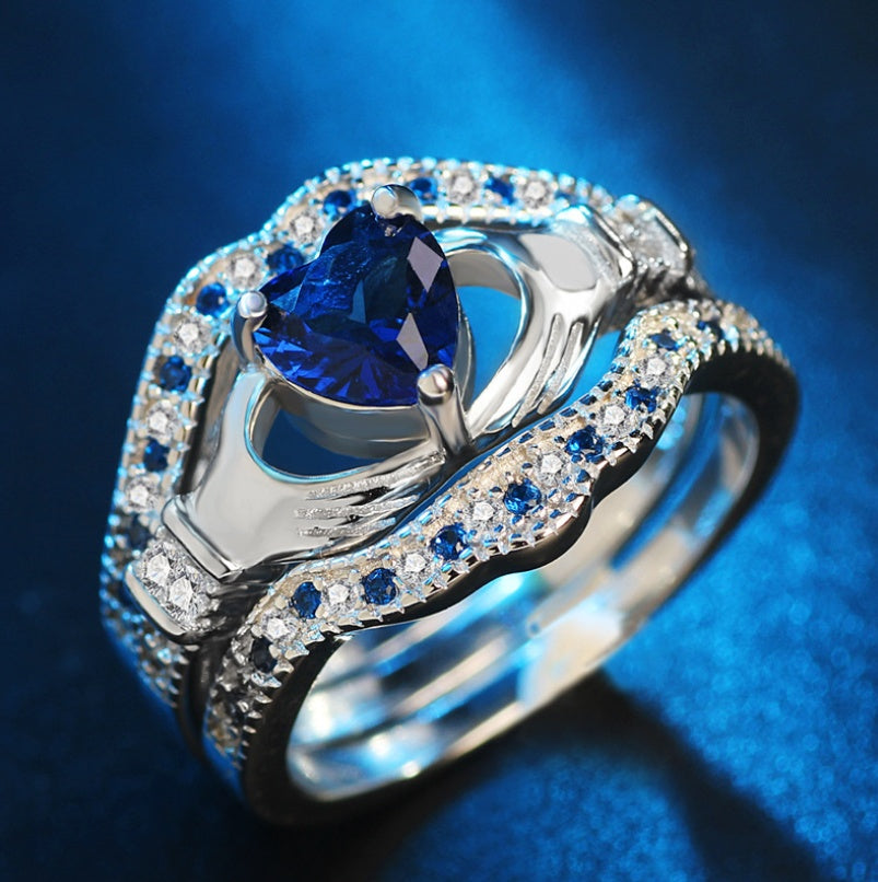 SILVER SAPPHIRE HEART CLADDAGH VINTAGE RING