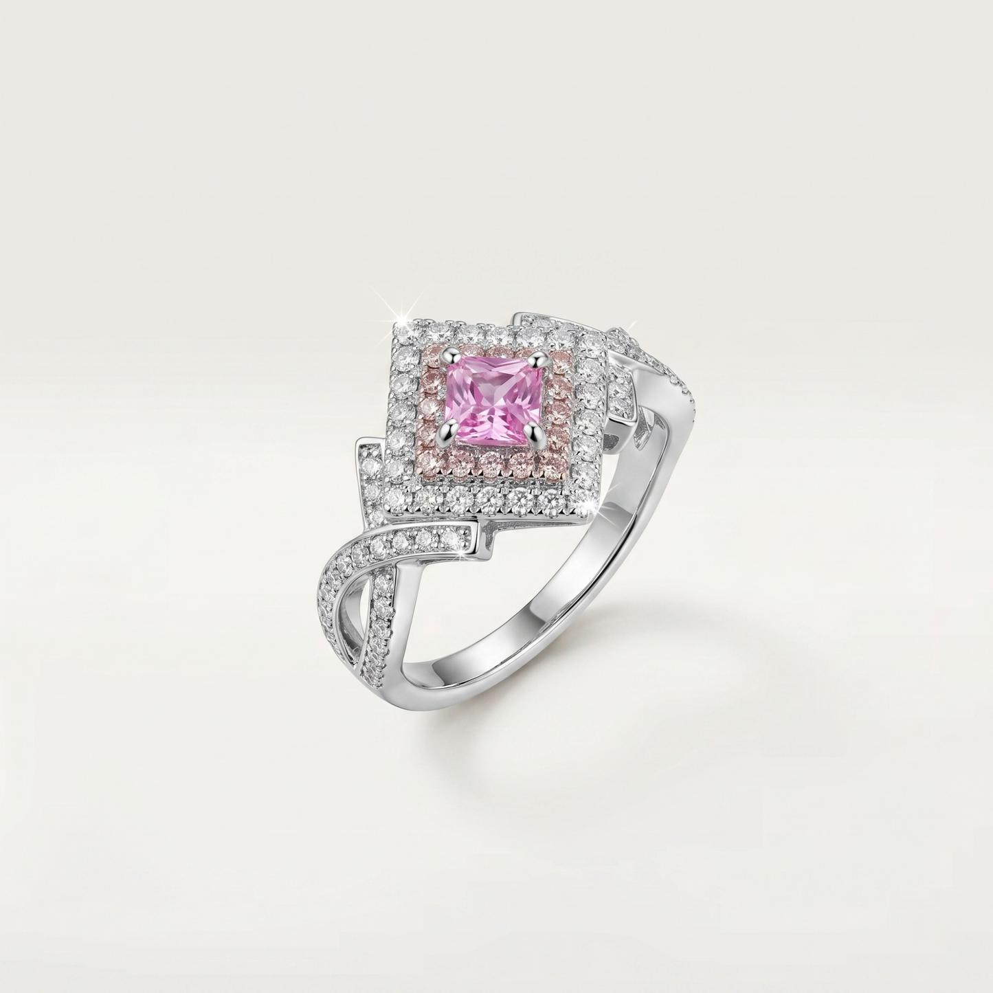 SILVER PINK DIAMOND CROSSOVER VINTAGE RING