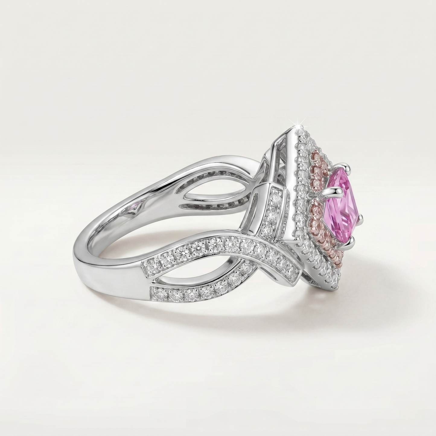 SILVER PINK DIAMOND CROSSOVER VINTAGE RING