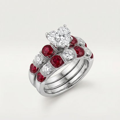 SILVER DIAMOND & RUBY HEART CROWN RING