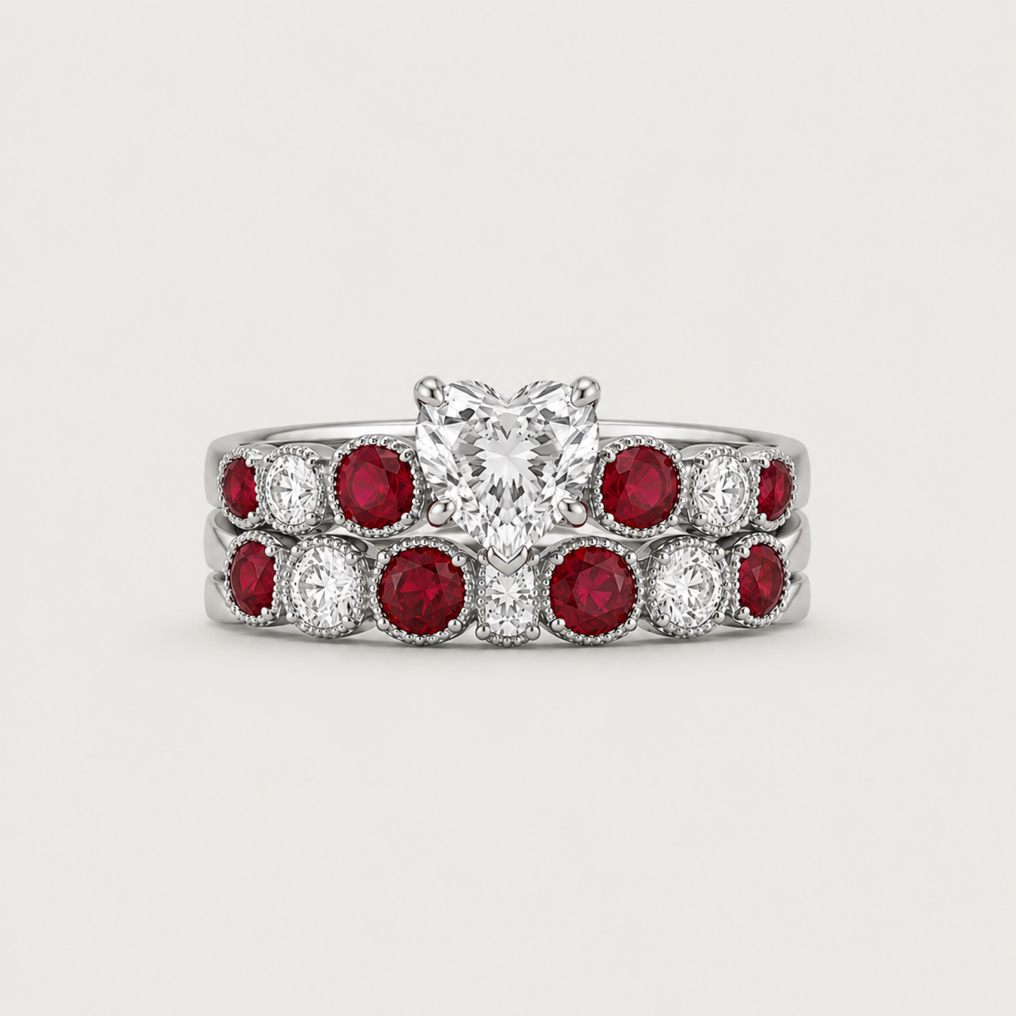 SILVER DIAMOND & RUBY HEART CROWN RING