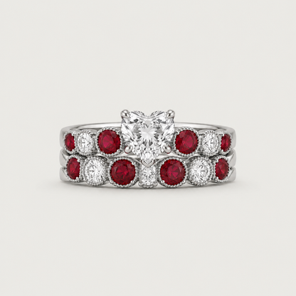 SILVER DIAMOND & RUBY HEART CROWN RING