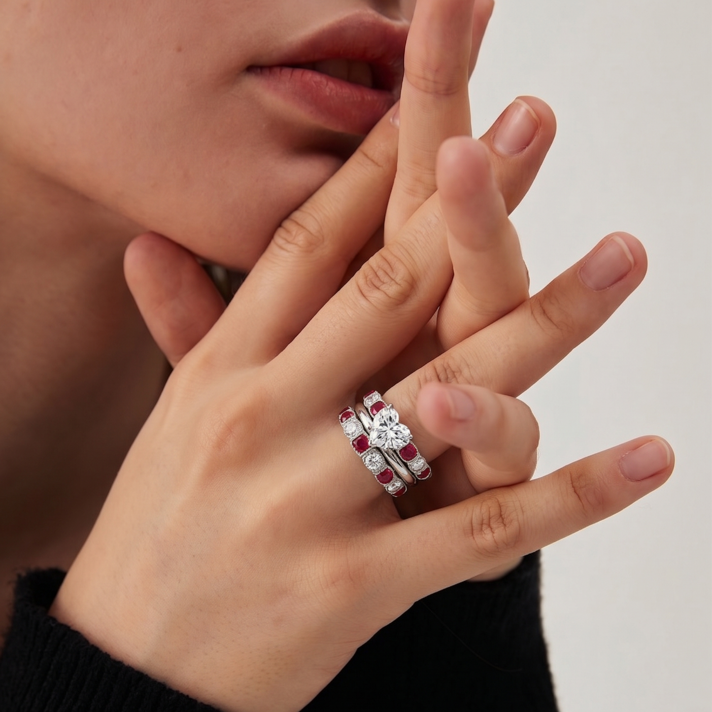 SILVER DIAMOND & RUBY HEART CROWN RING