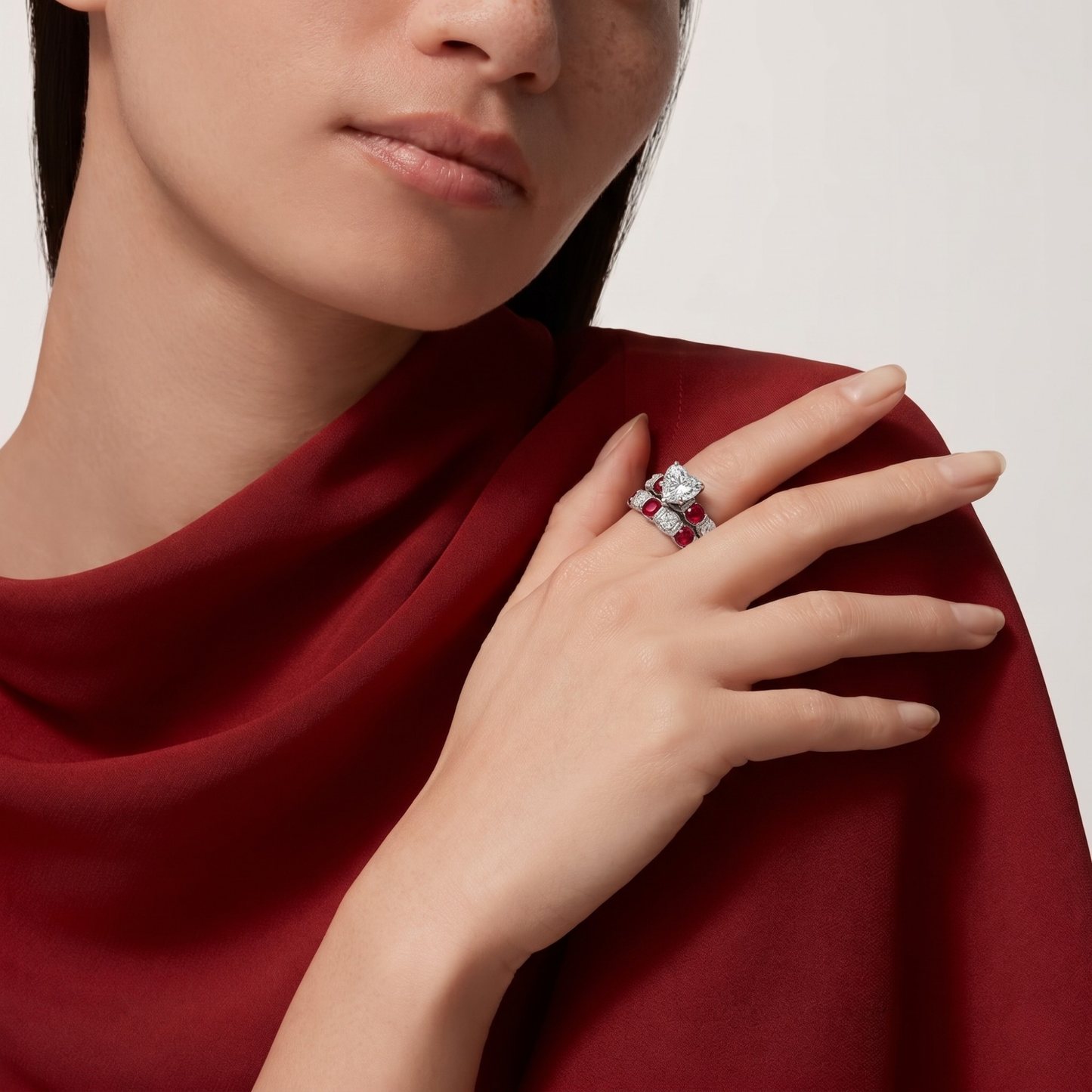 SILVER DIAMOND & RUBY HEART CROWN RING