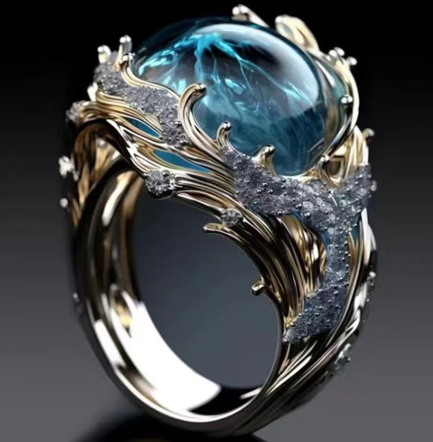 SILVER BLUE TOPAZ OCEAN WAVE RING - (ADJUSTABLE)