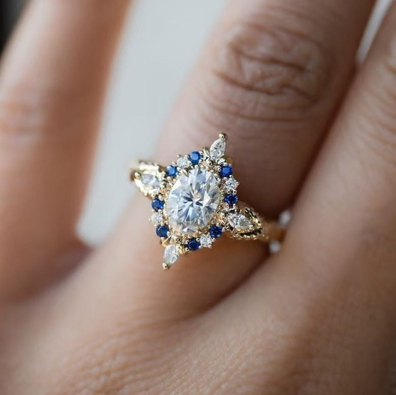 GOLD SAPPHIRE DIAMOND FLORAL HALO RING