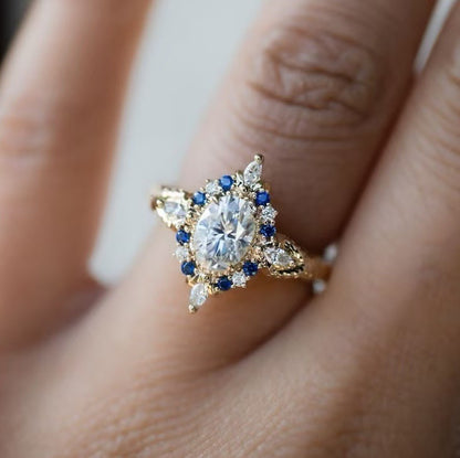 GOLD SAPPHIRE DIAMOND FLORAL HALO RING